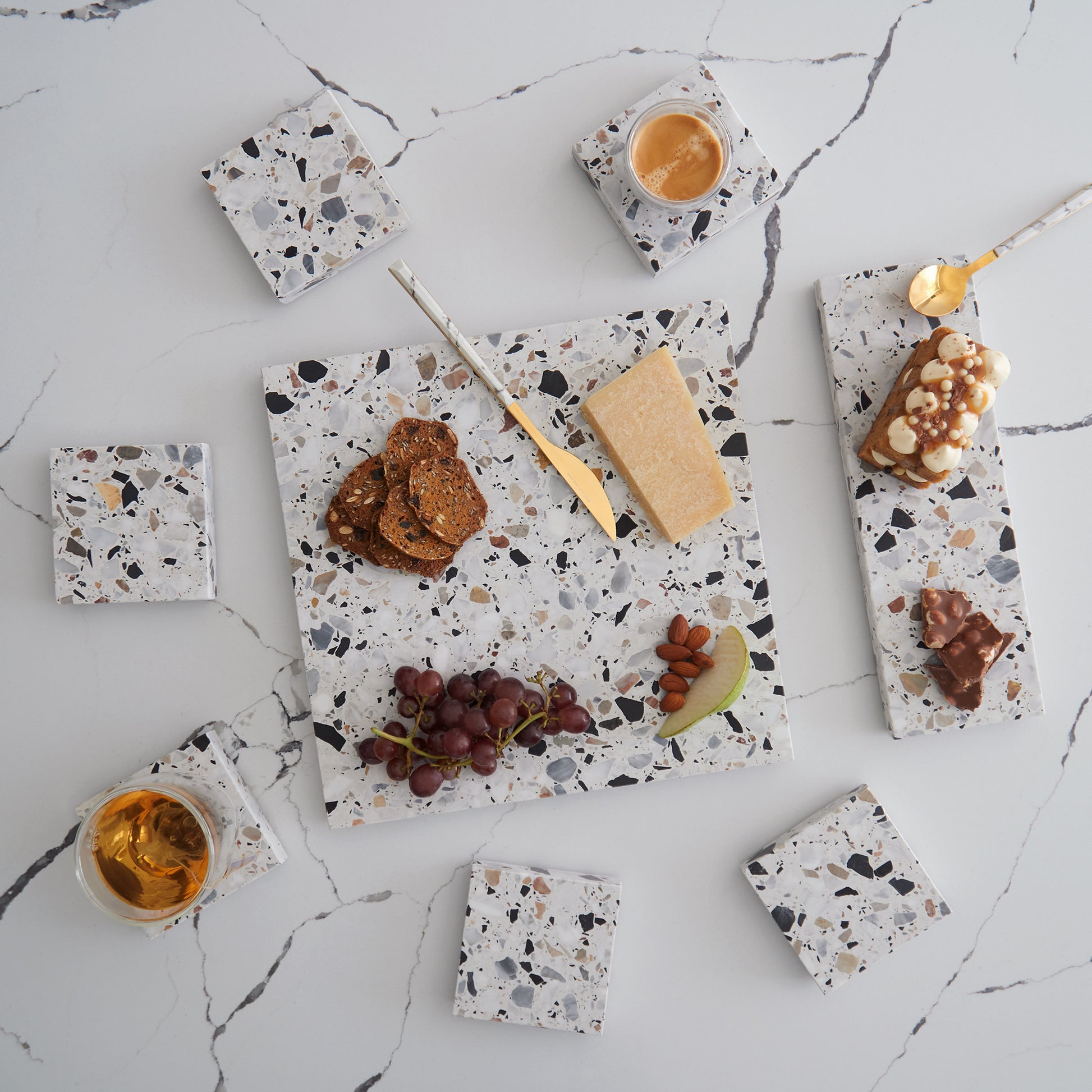 Tasting Set in Autunno – warm-toned terrazzo trio with earthy, seasonal tones made for intimate grazing and casual entertaining.