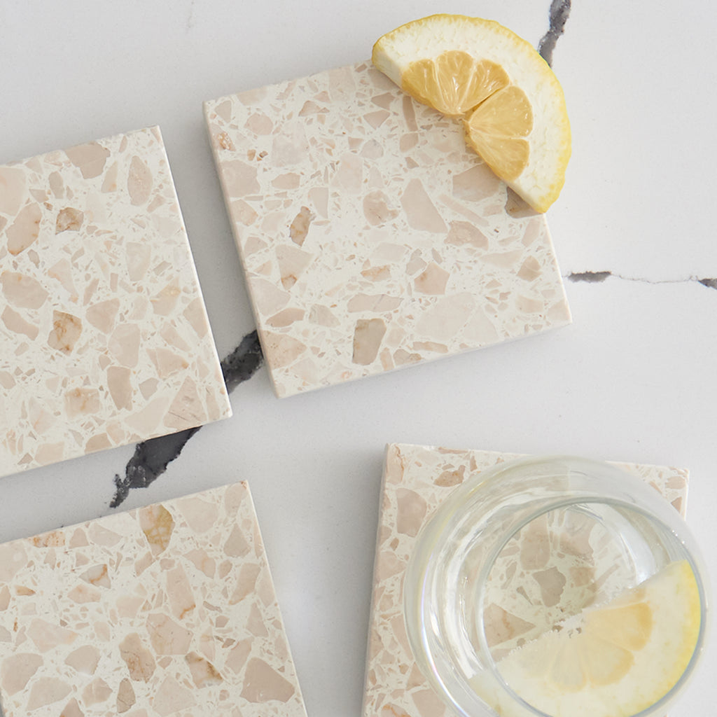 Set of 4 terrazzo coasters in Estate by Insieme Homewares — handcrafted for a bold, grounding accent to your table or desk.
