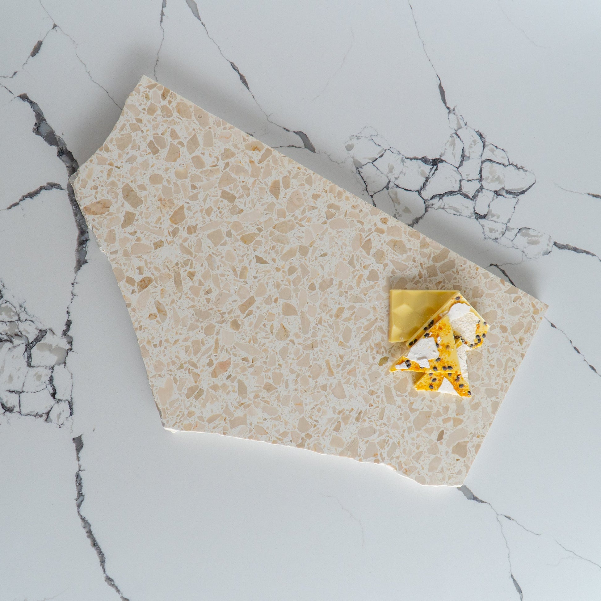 Insieme Homewares Extra Large Organic Terrazzo Platter in Estate — expansive, uniquely shaped, handcrafted from Italian terrazzo in soft, neutral hues, perfect for elegant displays.