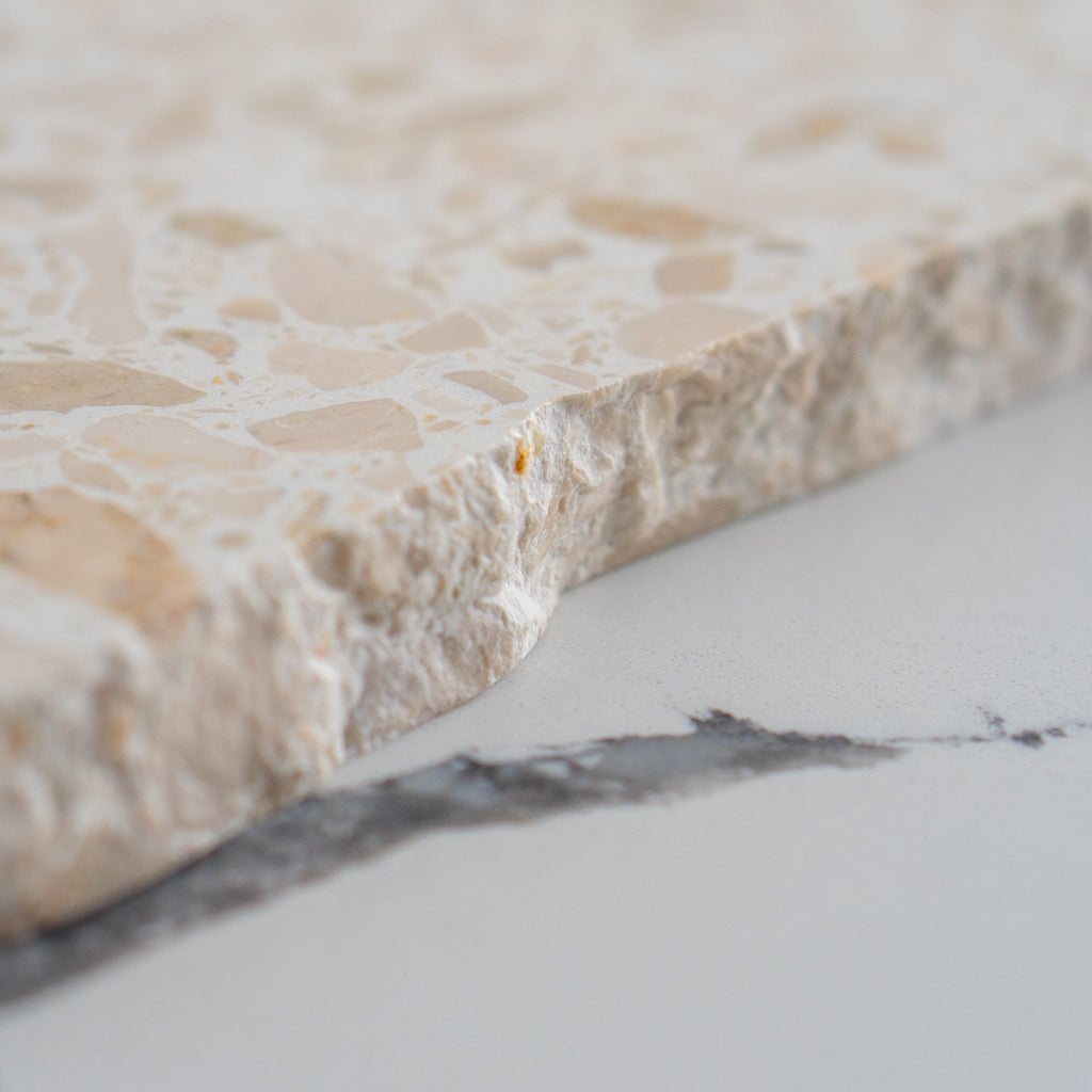 Insieme Homewares Extra Large Organic Terrazzo Platter in Estate — expansive, uniquely shaped, handcrafted from Italian terrazzo in soft, neutral hues, perfect for elegant displays.