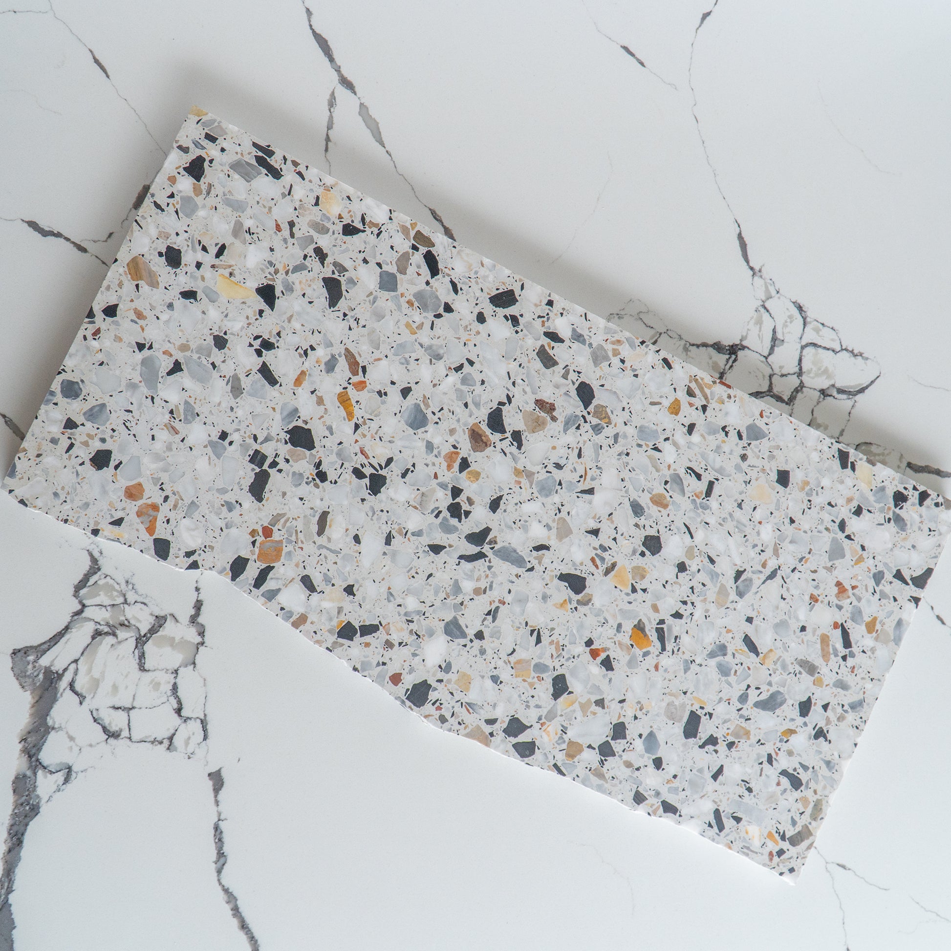 Insieme Homewares Extra Large Organic Terrazzo Platter in Autunno — expansive, uniquely shaped, handcrafted from Italian terrazzo in warm, earthy tones, ideal for grand presentations or as a statement piece.