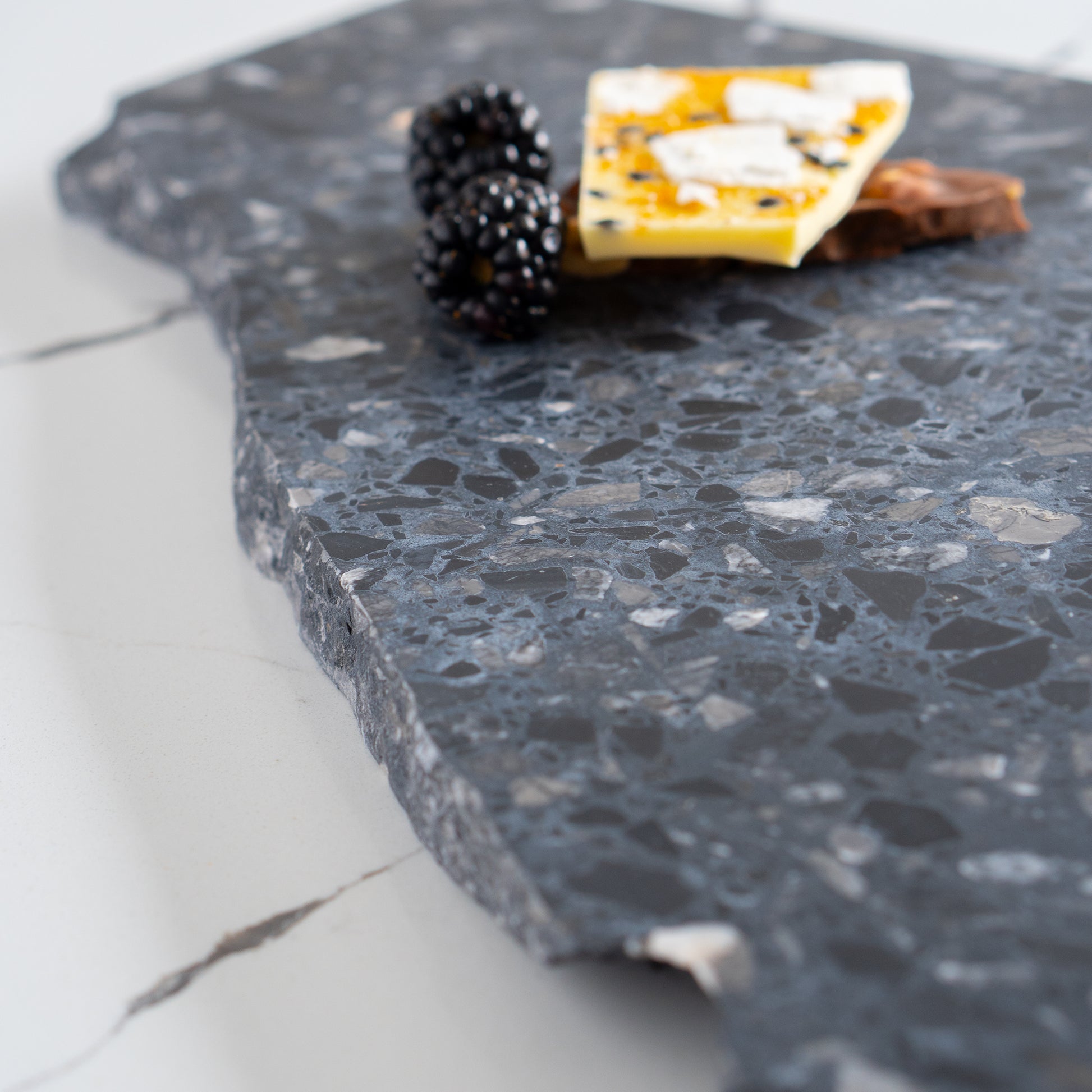 Close-up of an Inverno organic terrazzo platter.