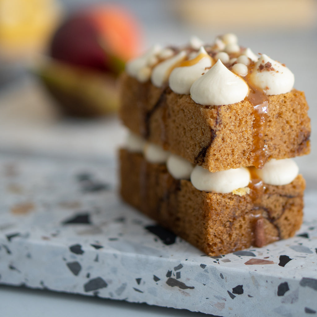 Autunno platter styled with dessert, highlighting light texture and fine grain.