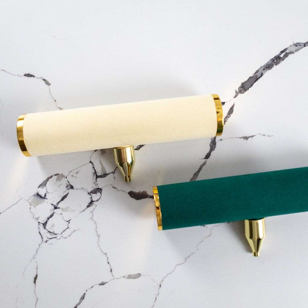 Beige and Emerald cushions for Insieme Homewares Watch & Jewellery Stand designed to complement all terrazzo base colours.

