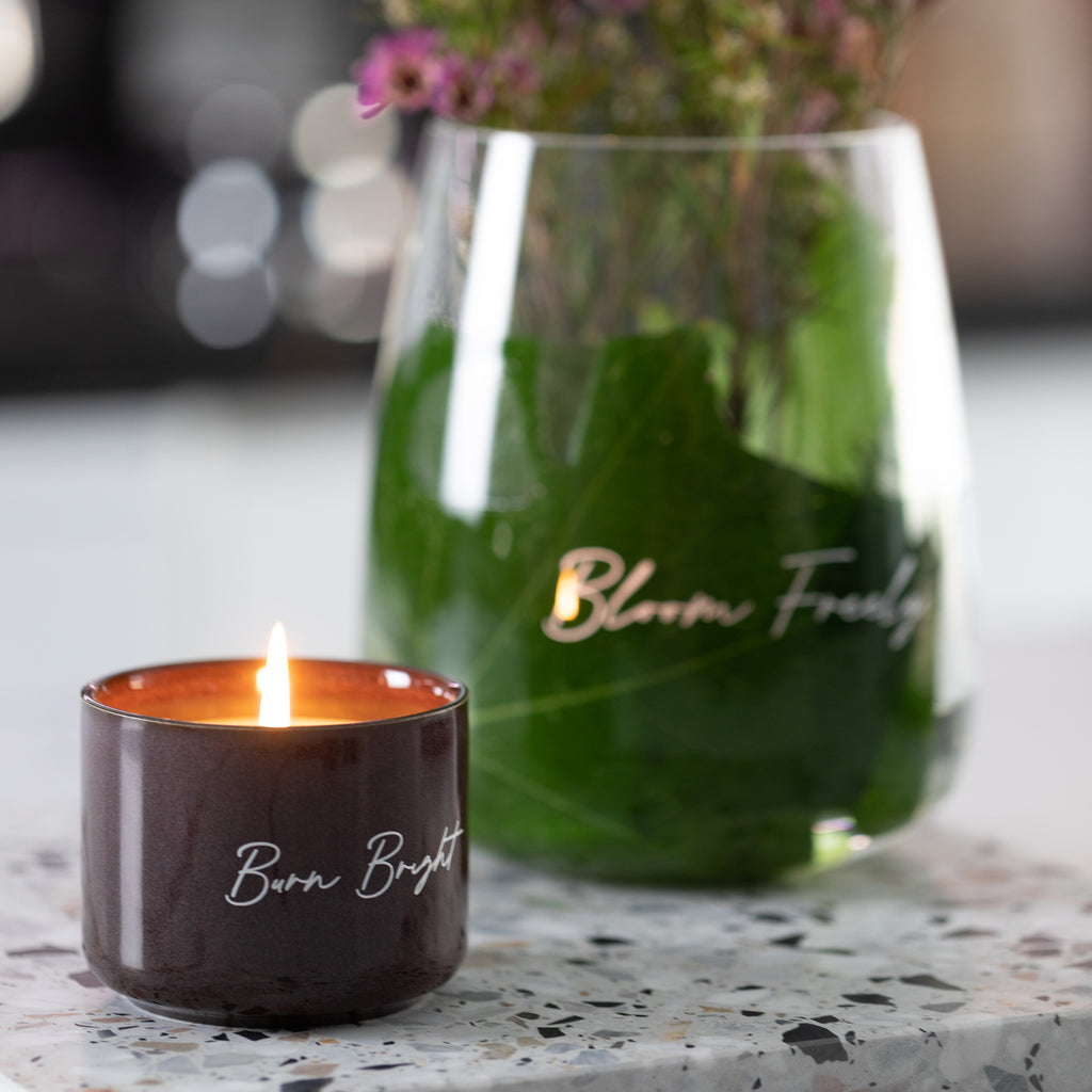 Home Sweet Home Set in Autunno with optional personalisation – warm-toned terrazzo platter, clear vase, and cherry red candle, perfect for thoughtful gifting or styling.