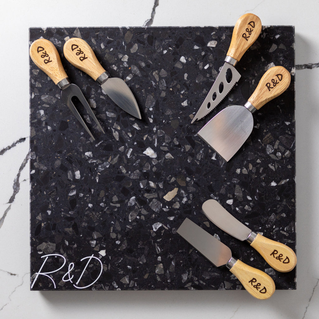 Insieme Homewares Large Antipasti Cheese Knife Set in Inverno — cool, moody-toned terrazzo platter with a set of six cheese knives, designed for elevated entertaining and stylish food presentation.