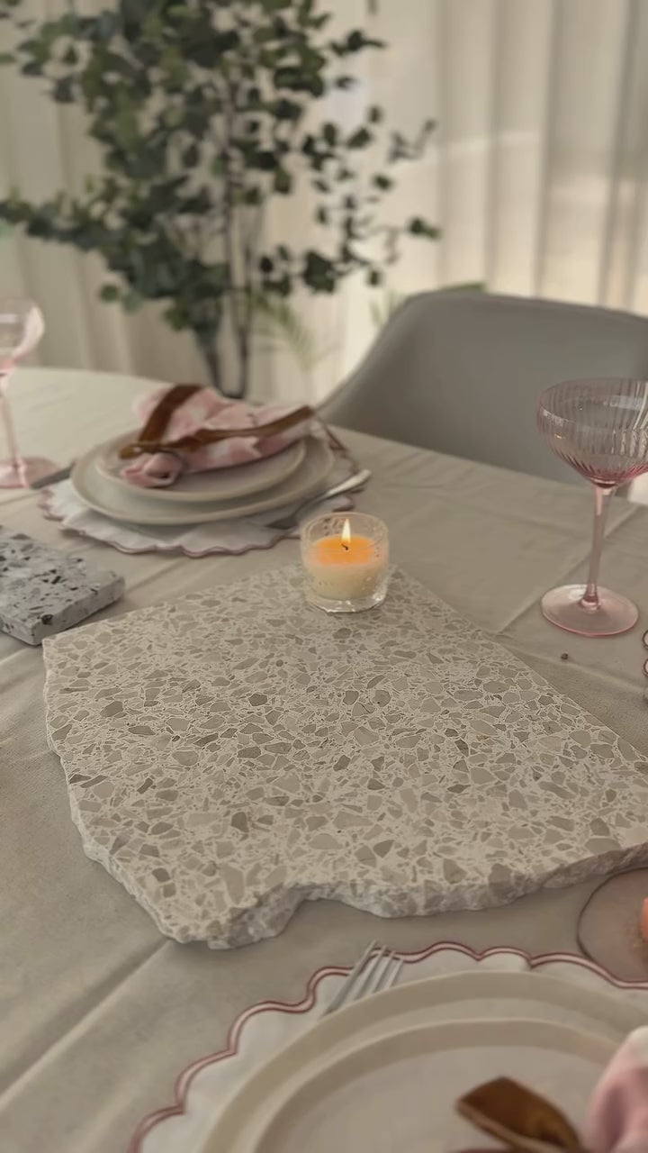 Insieme Homewares Organic and Structured Dessert Dishes styled together for a layered table setting with sweet treats — showcasing the versatility of handcrafted terrazzo in mixed shapes and colourways.
