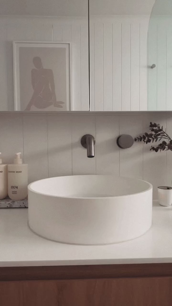 Insieme Homewares Small Dessert Dish in terrazzo used as a stylish soap dish in a minimalist bathroom, showcasing versatile stoneware design for everyday use.