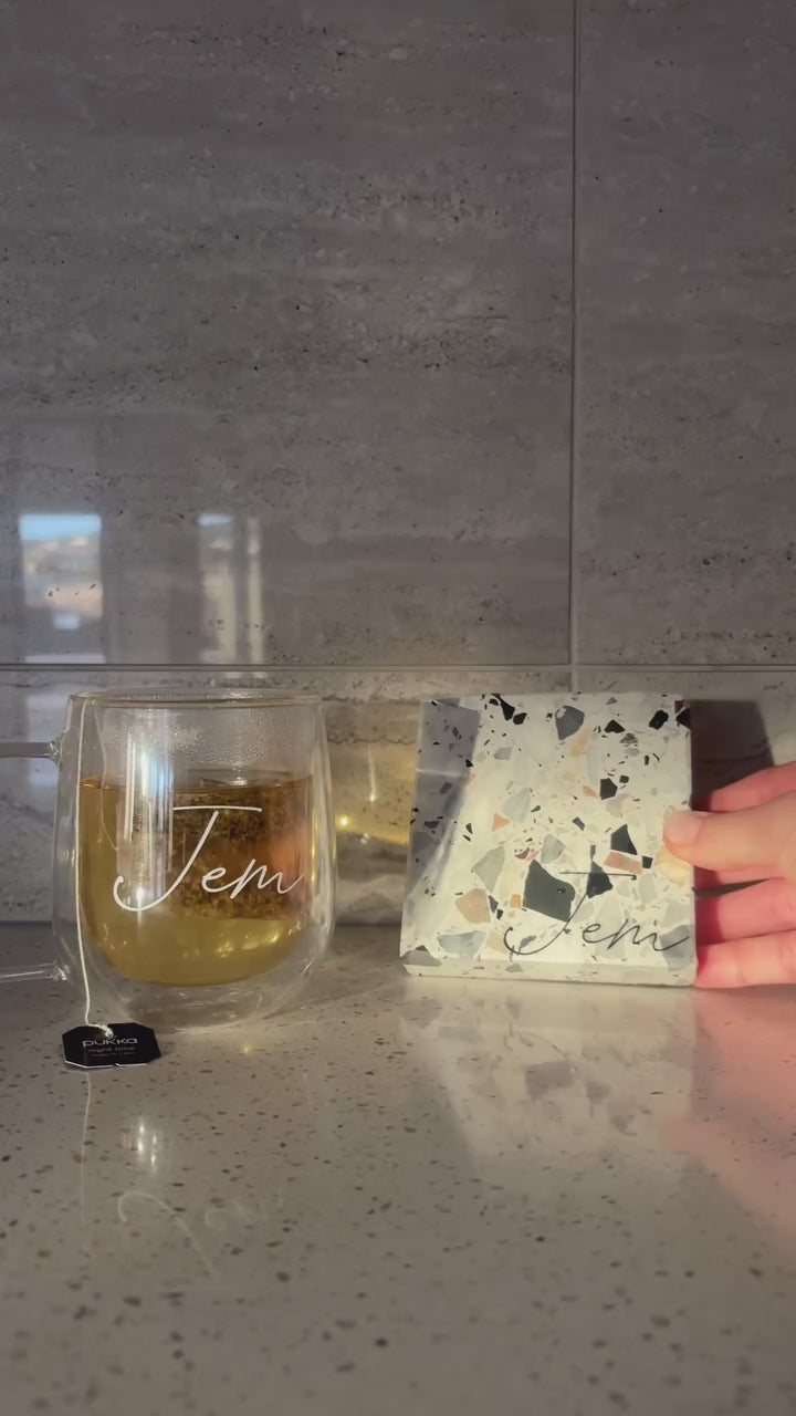 Insieme Homewares Mug and Coaster Set featuring personalisation and the Autunno terrazzo colourway, a handcrafted, customisable gift set designed for mindful rituals and everyday moments.