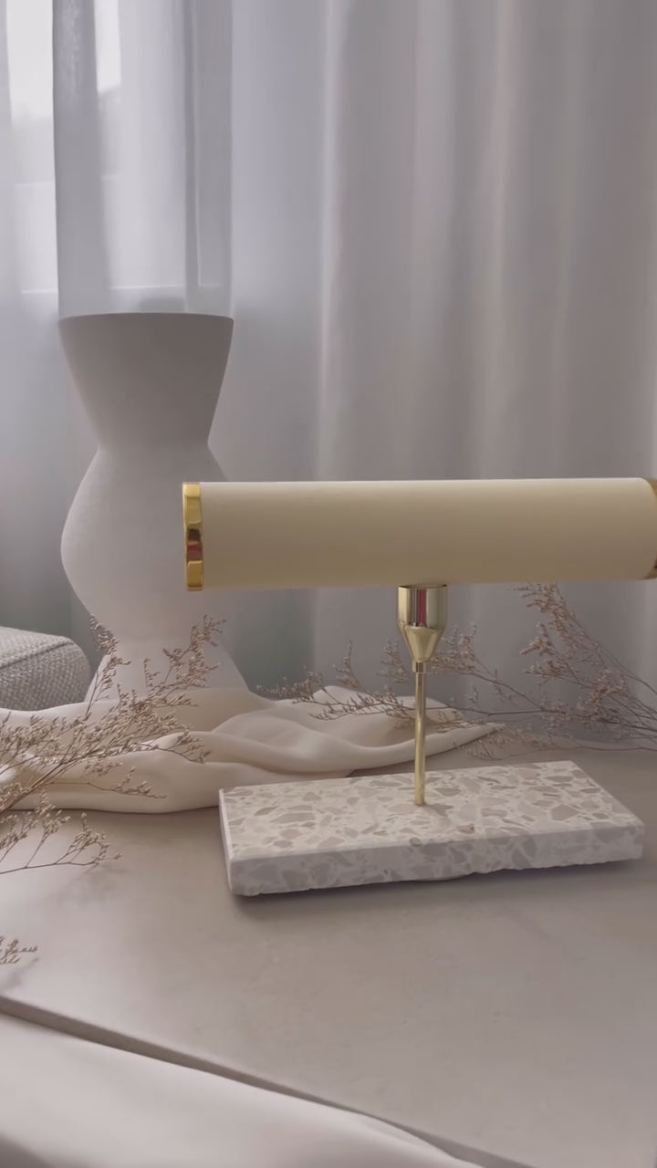 Insieme Homewares Watch & Jewellery Stand featuring a beige cushion and Estate terrazzo base, a handcrafted display piece for organising and styling watches, bracelets, and rings with timeless elegance.