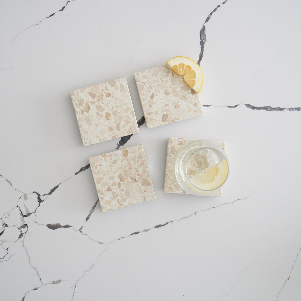 Set of four Estate terrazzo coasters to brighten your table and elevate everyday rituals.