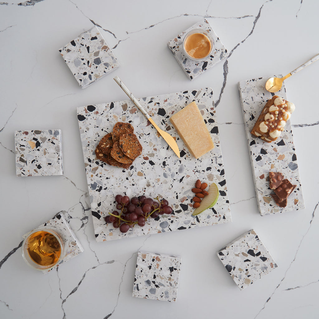 Tasting Set in Autunno – warm-toned terrazzo trio with earthy, seasonal tones made for intimate grazing and casual entertaining.