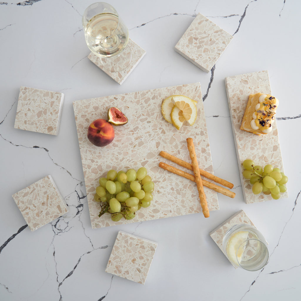 Tasting Set in Estate – terrazzo stone dishes and coasters, perfect for serving salt, dips, olives or sweets with a rich, grounding aesthetic.