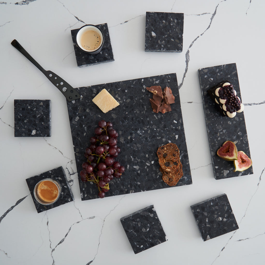 Tasting Set in Inverno – a terrazzo set of serving dishes and coasters, ideal for delicate accompaniments or grazing essentials.